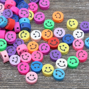 Smiley Face Polymer Clay Beads, Multicolored Happy Face Emoji Fimo Cane Beads, Assorted Smiley Face Beads, Rainbow Happy Face Slice Beads