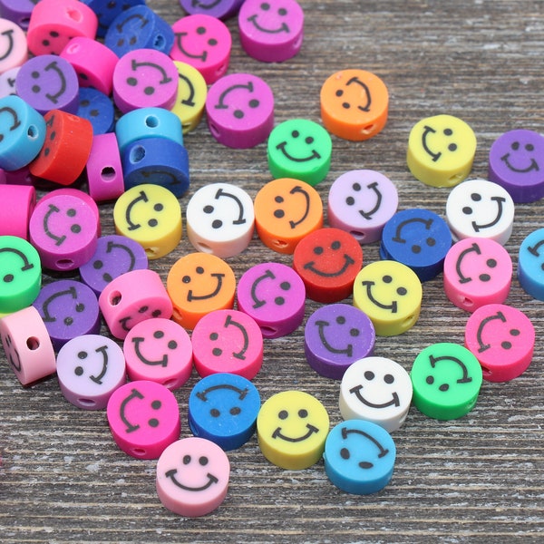 Perles smiley en pâte polymère, Emoji multicolores, perles de canne en fimo Happy Face, Assortiment de perles smiley, Tranches de perles arc-en-ciel Happy Face