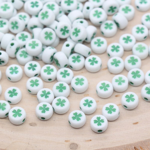 Four Leaf Clover Beads Beads, Shamrock Round Beads, White Beads with Green Leaf Clover Beads, Bracelet Beads, Jewelry Making, Size 7mm #2979