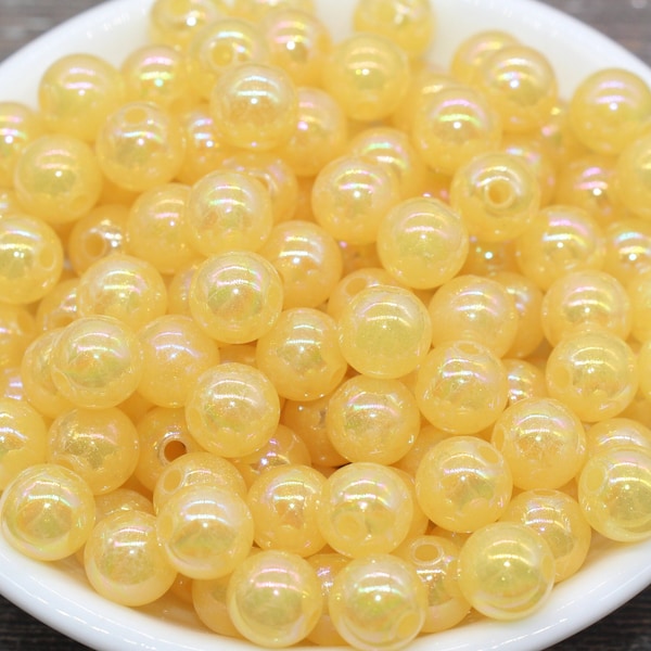 10mm Jelly Yellow AB with Glitter Gumball Beads, Iridescent Acrylic Loose Beads, Bubblegum Beads, Sparkle Glossy Chunky Round Beads #2535