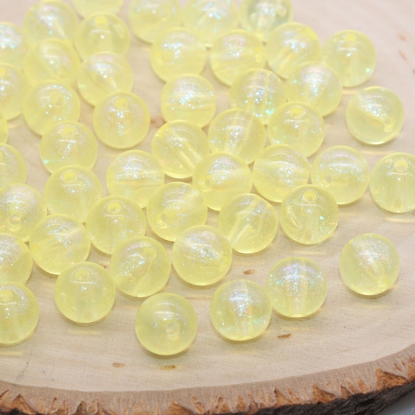 10mm Yellow Glitter Round Beads, Iridescent Acrylic Gumball Beads, Translucent Round Spacer Beads, Bubblegum Beads, Plastic Round Bead #2853