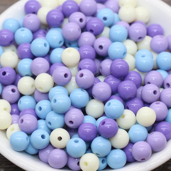 8mm Mix Round Gumball Beads, Ivory Blue Purple Mix Acrylic Loose Beads, Multicolor Bubblegum Beads, Chunky Beads, Smooth Round Beads #2438