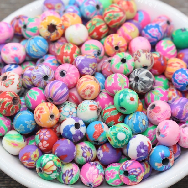 Flower Printed Clay Round Beads, Multicolored Flower Round Polymer Clay Beads, Floral Beads, Assorted Color Round Beads, 6mm 8mm 10mm 12mm