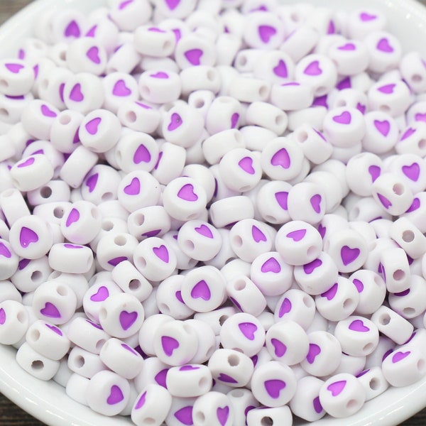 Purple Heart Beads, Acrylic Heart Beads, Purple and White Heart Beads, Acrylic Symbol Beads, Size 7mm #121