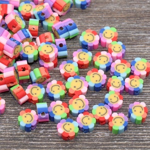 Smiley Face Polymer Clay Beads, Flower Shape Smiley Face Fimo Cane Beads, Assorted Happy Face Emoji Beads, Rainbow Happy Face Slice Beads