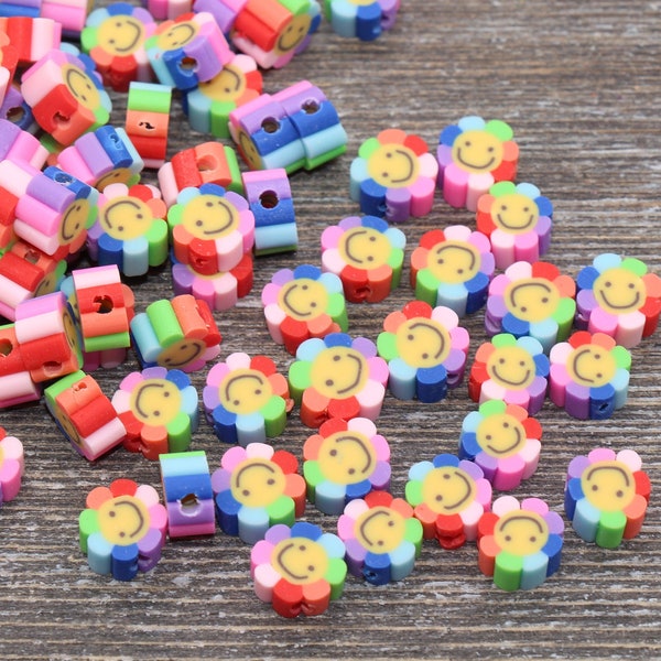 Smiley Face Polymer Clay Beads, Flower Shape Smiley Face Fimo Cane Beads, Assorted Happy Face Emoji Beads, Rainbow Happy Face Slice Beads