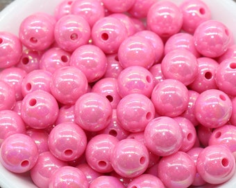 12mm Pink AB Gumball Beads, Iridescent Acrylic Loose Beads, Solid Bubblegum Beads, Chunky Beads, Glossy Smooth Round Plastic Beads #472