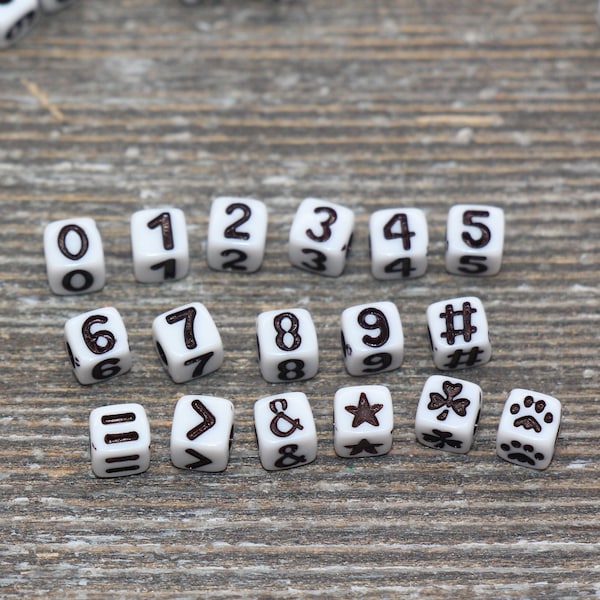 Cube Number Beads, Cube Symbol Beads, White with Black Acrylic Number Beads, Acrylic Square Beads, Slider Beads, Size 5mm #725