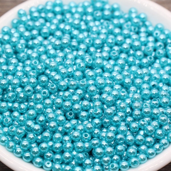 4mm Blue Faux Pearl Beads, Blue Faux Pearl Gumball Beads, Imitation Pearl Beads, Chunky Beads, Smooth Plastic Round Beads #2047