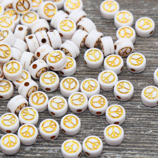 Peace Beads, Round Peace Beads, White with Gold Peace Beads, Gold Peace Beads, Acrylic Symbol Beads, Peace Sign Beads, Size 7mm #211