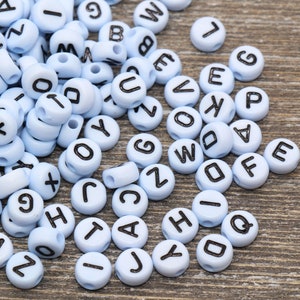 Baby Blue Alphabet Letter Beads, Acrylic Blue with Black Letters Beads, Round Acrylic Beads, ABC Letter Beads, Name Beads 7mm #9
