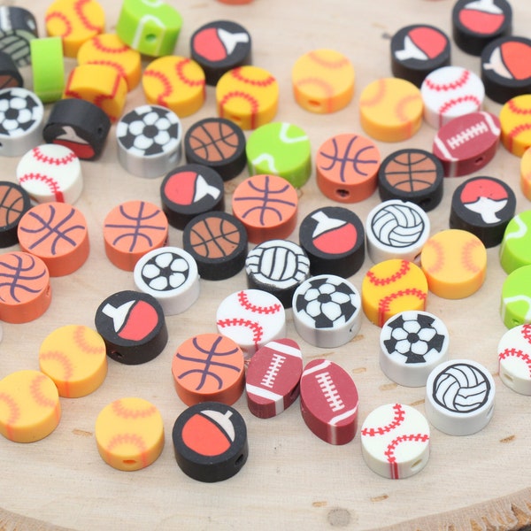 Mix Sport Ball Polymer Clay Beads, Volleyball, Football, Softball, Tennis, Basketball Clay Beads, Jewelry Beads, Bead for Bracelets #430