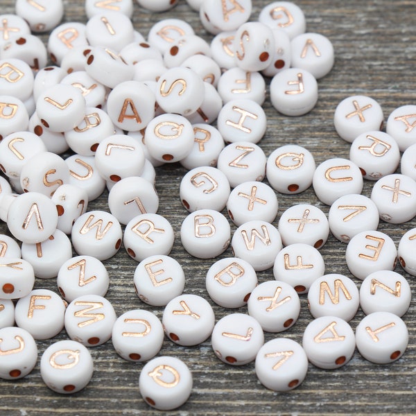 Rose Gold Alphabet Letter Beads, Acrylic White and Rose Gold Letter Beads, Round Acrylic Beads, ABC Letter Beads, Name Beads, Size 7mm