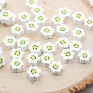 White Smiley Face Polymer Clay Beads,  Flower Shape Smiley Face Fimo Cane Beads, Happy Face Beads, Bead for Bracelet #241
