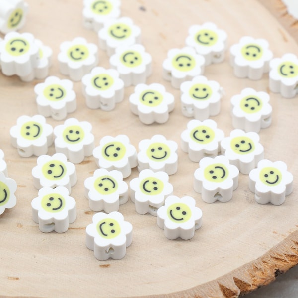 Perles d’argile polymère Smiley Face blanche, perles de canne Fimo Smiley Face en forme de fleur, perles Happy Face, perle pour bracelet #241