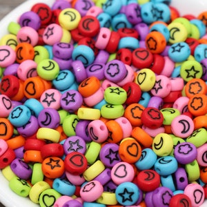 Heart, Star, Flower, Moon Beads, Acrylic Multicolored with Black symbol Beads, Symbol Beads, Plastic Heart Star Moon Flower Size 7mm #208
