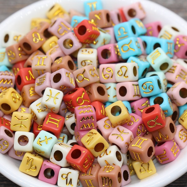 Gold Zodiac Symbol Beads, Zodiac Cube Beads,  Multicolor Zodiac Acrylic Cube Beads, Acrylic Square Beads, Bracelet Beads, Size 7mm #49