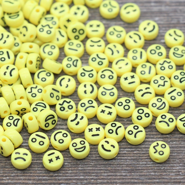 Facial Expression Round Beads, Yellow with Black Beads, Yellow Emoji Beads, Happy Face, Sad Face, Plastic Round Beads Size 7mm #483