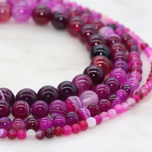 Pink Stripe Agate Beads, Pink Banded Agate, Fuchsia Banded Agate, Gemstone Smooth Round Beads, Sizes 4mm 6mm 8mm 10mm 12mm, #118