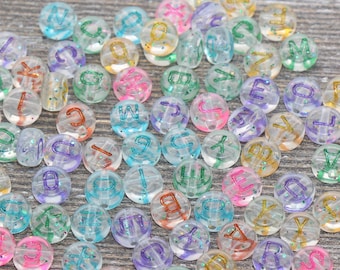 Multicolored Translucent Alphabet Letter Beads, Acrylic Clear Letters Beads with Glitter, Round Acrylic Beads, Name Beads 7mm #156