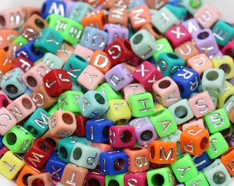 6mm Multicolor Cube Letter Beads, Acrylic Alphabet Beads with Silver Letters, Square Name Beads for Bracelets #60