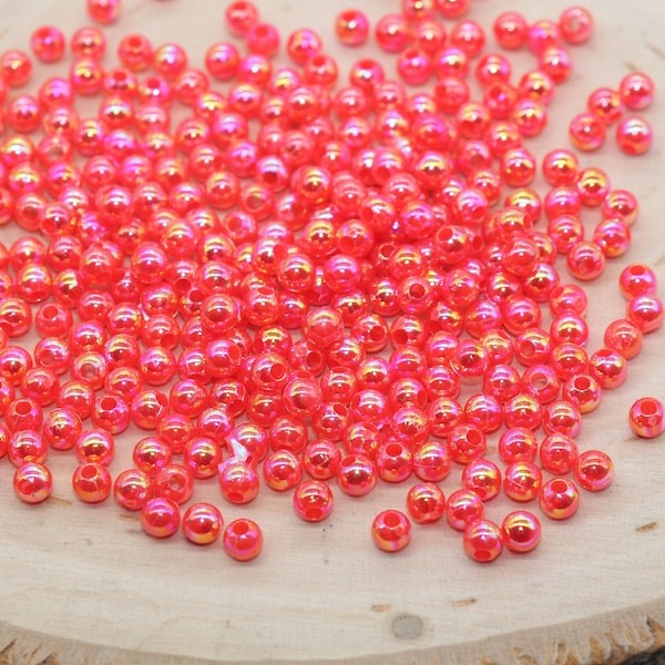 4mm Coral Red AB Round Beads, Iridescent Acrylic Gumball Beads, Bubblegum Beads, Plastic Round Smooth Bead #3009