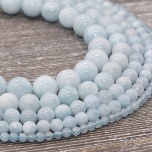 Aquamarine Beads, Natural Gemstone Smooth Round Beads, Sizes 4mm 6mm 8mm 10mm 12mm, Full Strand 15 inch, #4