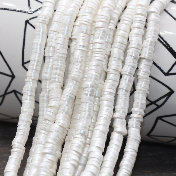 6mm Shimmer White Color Polymer Clay Disc Beads, White Heishi Beads, African Disc Beads, Vinyl Heishi, 16 inch Strand #424