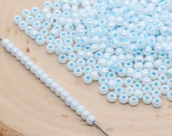 Iridescent Glass Seed Beads, 4mm Shiny Round Glass Seed Beads, Blue AB Opaque Seed Beads, Rocailles Beads, Beading Supplies #3222