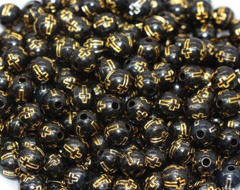 Black with Gold Cross Round Beads, Gold Cross Round Beads, Acrylic Cross Beads, Plastic Cross Beads, Round Beads, Chunky Gumball Beads- #337