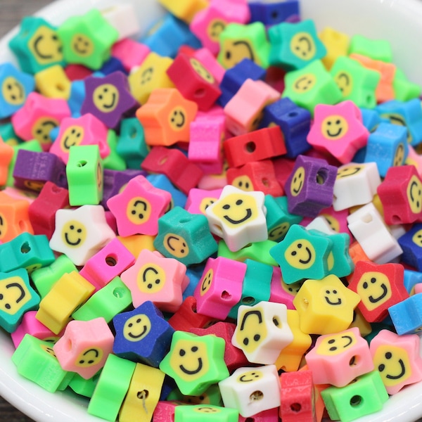 Smiley Face Polymer Clay Beads, Star Shape Smiley Face Fimo Cane Beads, Assorted Happy Face Emoji Beads, Rainbow Happy Face Slice Beads #18