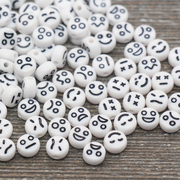 Facial Expression Round Beads, White with Black Beads, Emoji Beads, Happy Face, Sad Face, Plastic Round Beads Size 7mm #482