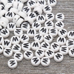 Letter W Alphabet Beads, White Alphabet Letter Beads, Acrylic White and Black Letters Beads, Round Acrylic Beads, Name Beads, Size 7mm