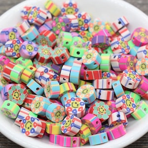 Smiley Face Multicolor Flower Polymer Clay Beads, Round Happy Face Flower Cane Beads, Assorted Flower Beads, Mix Colors Flower Beads #55
