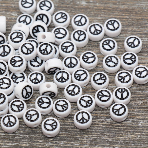 Peace Beads, Acrylic White Peace Symbol Beads, White with Black Peace Beads, Acrylic Symbol Beads, Size 7mm #57