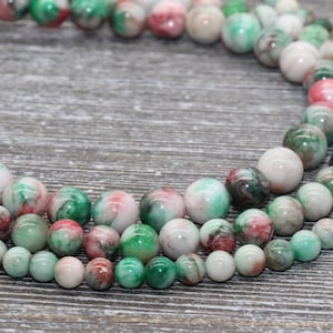 Flower Jade Beads, Red White and Green Jade Round Beads, Gemstone Stone Beads, Size 6mm 8mm 10mm, Full Strand 15&quot; #64