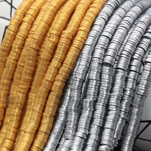 4mm 6mm Polymer Clay Disc Beads, Gold or Silver Shimmer Heishi Beads, African Disc Beads, Vinyl Heishi, 16 inch Strand