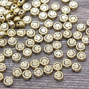 Gold Smiley Face Round Beads, Emoji Beads, Happy Face Beads, Plastic Round Beads Size 7mm #1300