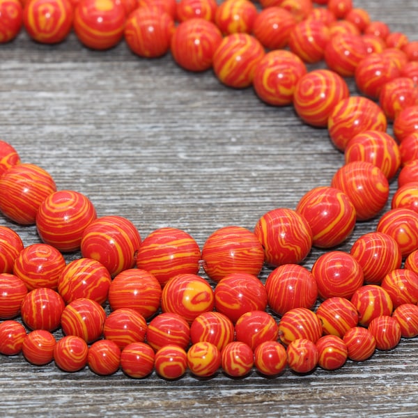 Peacock Stone Beads, Malachite Synthetic Beads, Smooth Gemstone Round Beads, Red and Yellow Size 4mm 6mm 8mm 10mm 12mm #70