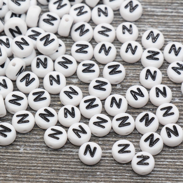 Letter N Alphabet Beads, White Alphabet Letter Beads, Acrylic White and Black Letters Beads, Round Acrylic Beads, Name Beads, Size 7mm