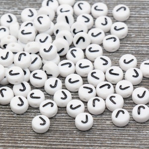 Letter J Alphabet Beads, White Alphabet Letter Beads, Acrylic White and Black Letters Beads, Round Acrylic Beads, Name Beads, Size 7mm