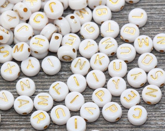 Alphabet Letter Beads, Acrylic White and Gold Letter Beads, Round Acrylic Beads, ABC Letter Beads, Name Beads, Size 7mm #83