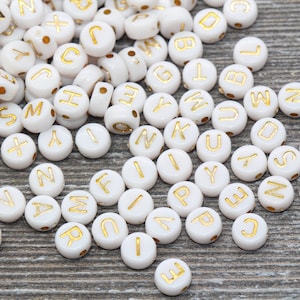 Alphabet Letter Beads, Acrylic White and Gold Letter Beads, Round Acrylic Beads, ABC Letter Beads, Name Beads, Size 7mm #83