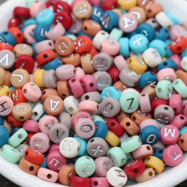 NEW COLOR! Multicolor Round Alphabet Letter Beads, Multicolored Beads with Silver Letters, Acrylic Round Name Beads, Size 7mm #15