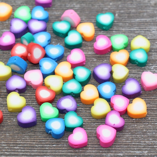 Heart Polymer Clay Beads, Multicolored Heart Fimo Cane Beads, Assorted Heart Shape Beads, Rainbow Heart Slice Beads #16
