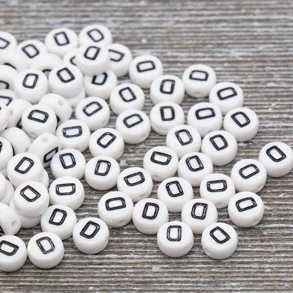 Letter D Alphabet Beads, White Alphabet Letter Beads, Acrylic White and Black Letters Beads, Round Acrylic Beads, Name Beads, Size 7mm