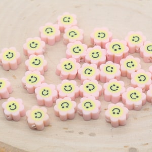 Pink Smiley Face Polymer Clay Beads, Flower Shape Smiley Face Fimo Cane Beads, Happy Face Beads, Smiling Face Beads, Bead for Bracelet #267