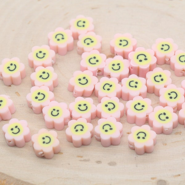 Smiley rose, perles en pâte polymère, smiley rose en forme de fleur de canne en fimo, visage joyeux, visage souriant, perle pour bracelet #267