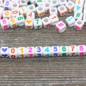 Multicolor Number Beads, Assorted Number Beads, Mix Color Cube Square Number Beads, Heart, Hashtag #, Size 6mm #2042