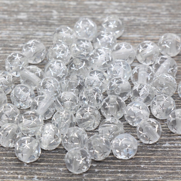 8mm Translucent Clear Gumball Beads with Silver Stars, Round Acrylic Loose Beads, Bubblegum Beads, Chunky Beads, Plastic Round Beads #29